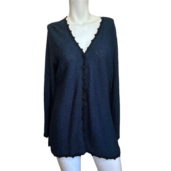 Vintage Brenda French for French Rags Blue Cardigan Sweater With Black Trim M/L - Picture 1 of 8